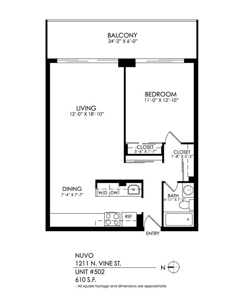 A floor plan of a one bedroom apartment with a living room, dining room and bathroom.